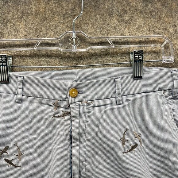 J McLaughlin Shorts Men 33 Blue Chino Flat Front Pinstripes Embroidered Dolphins - Picture 5 of 10